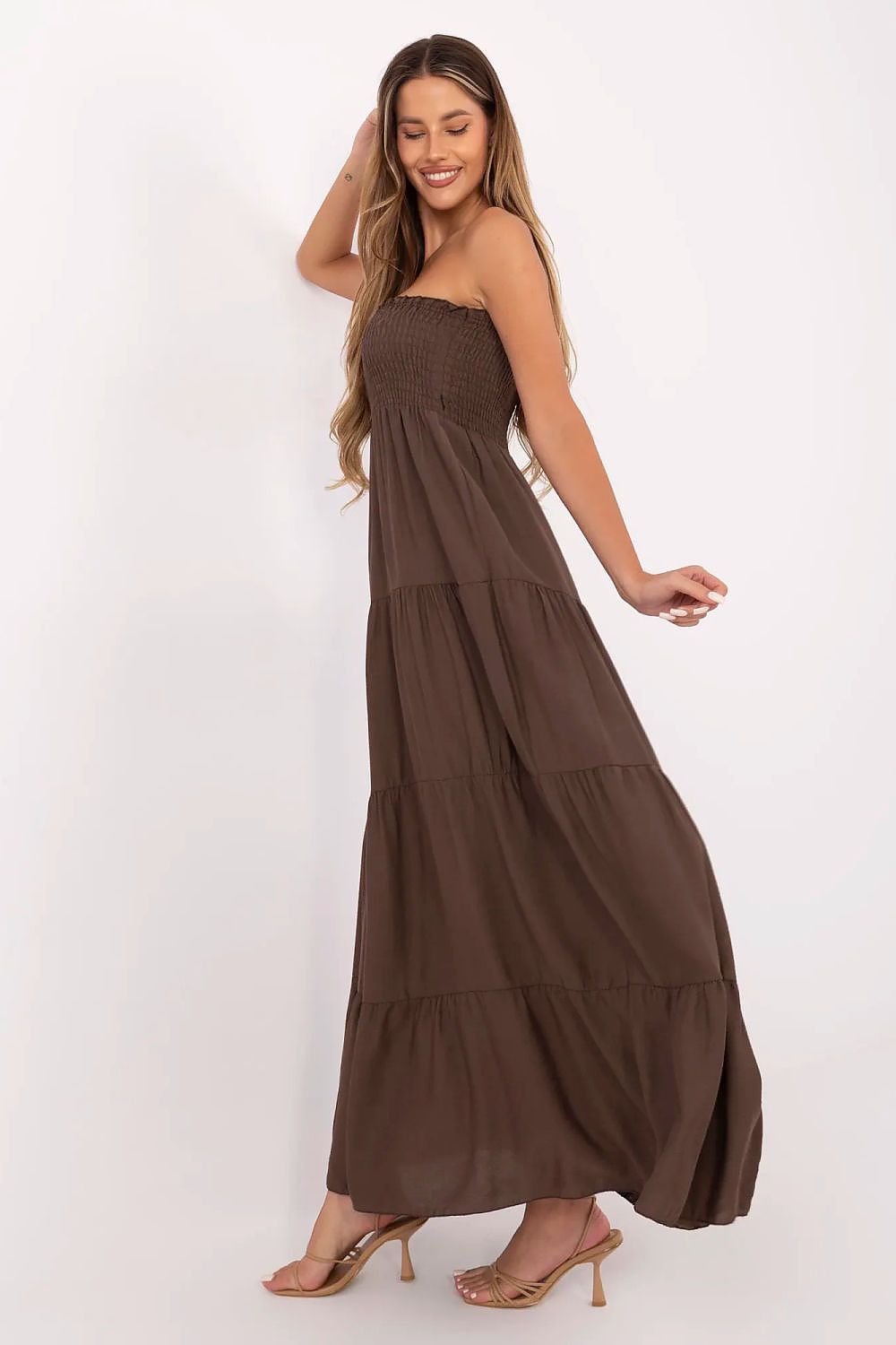 Maxikleid Damen ärmellos Viskose mit Rüsche & elastischen Raffungen
