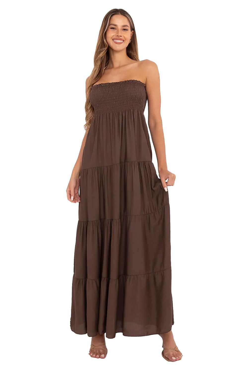 Maxikleid Damen ärmellos Viskose mit Rüsche & elastischen Raffungen