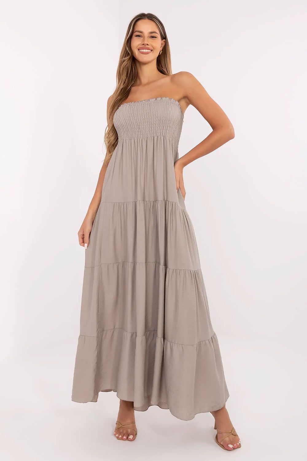 Maxikleid Damen ärmellos Viskose mit Rüsche & elastischen Raffungen
