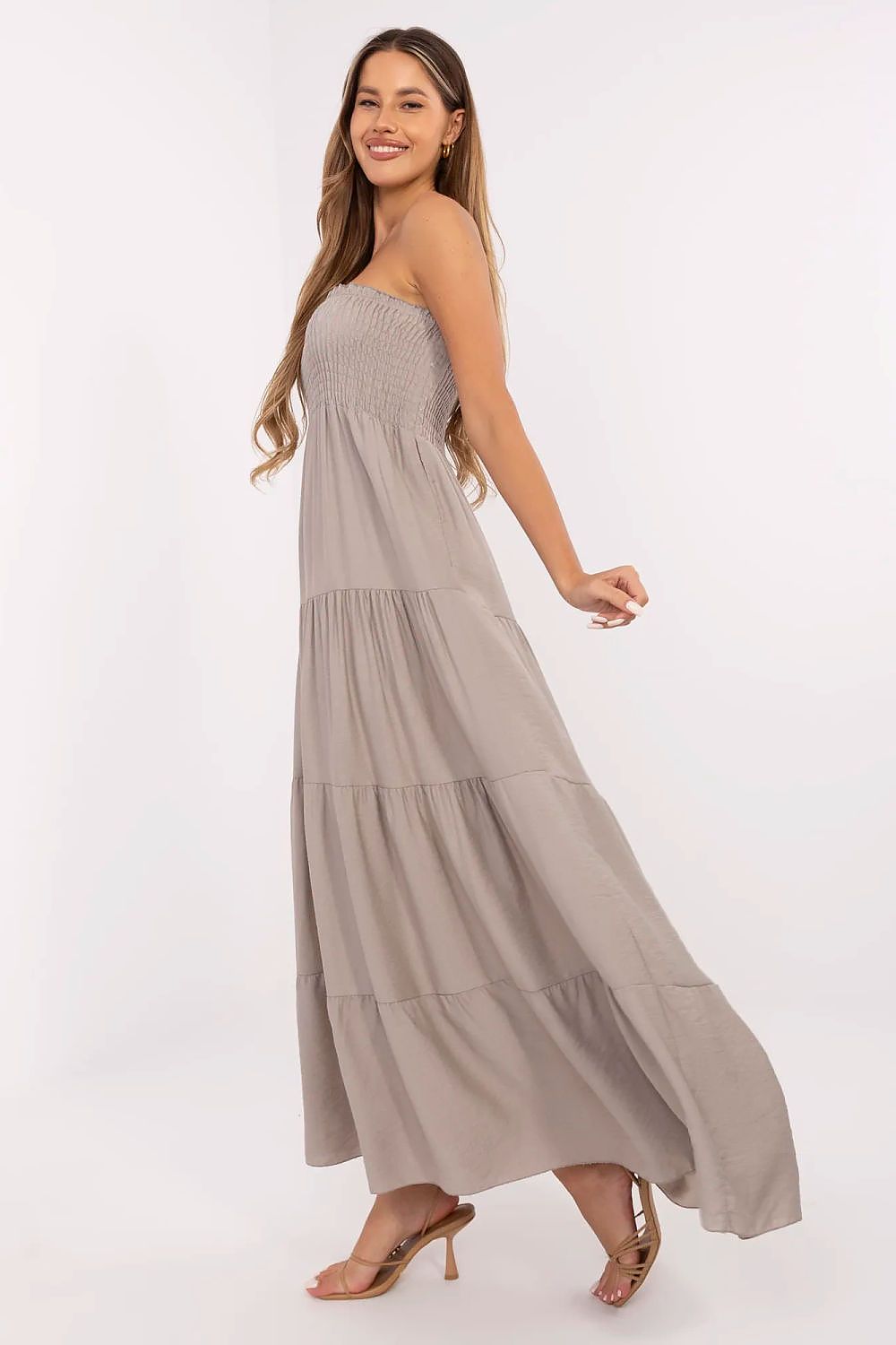 Maxikleid Damen ärmellos Viskose mit Rüsche & elastischen Raffungen