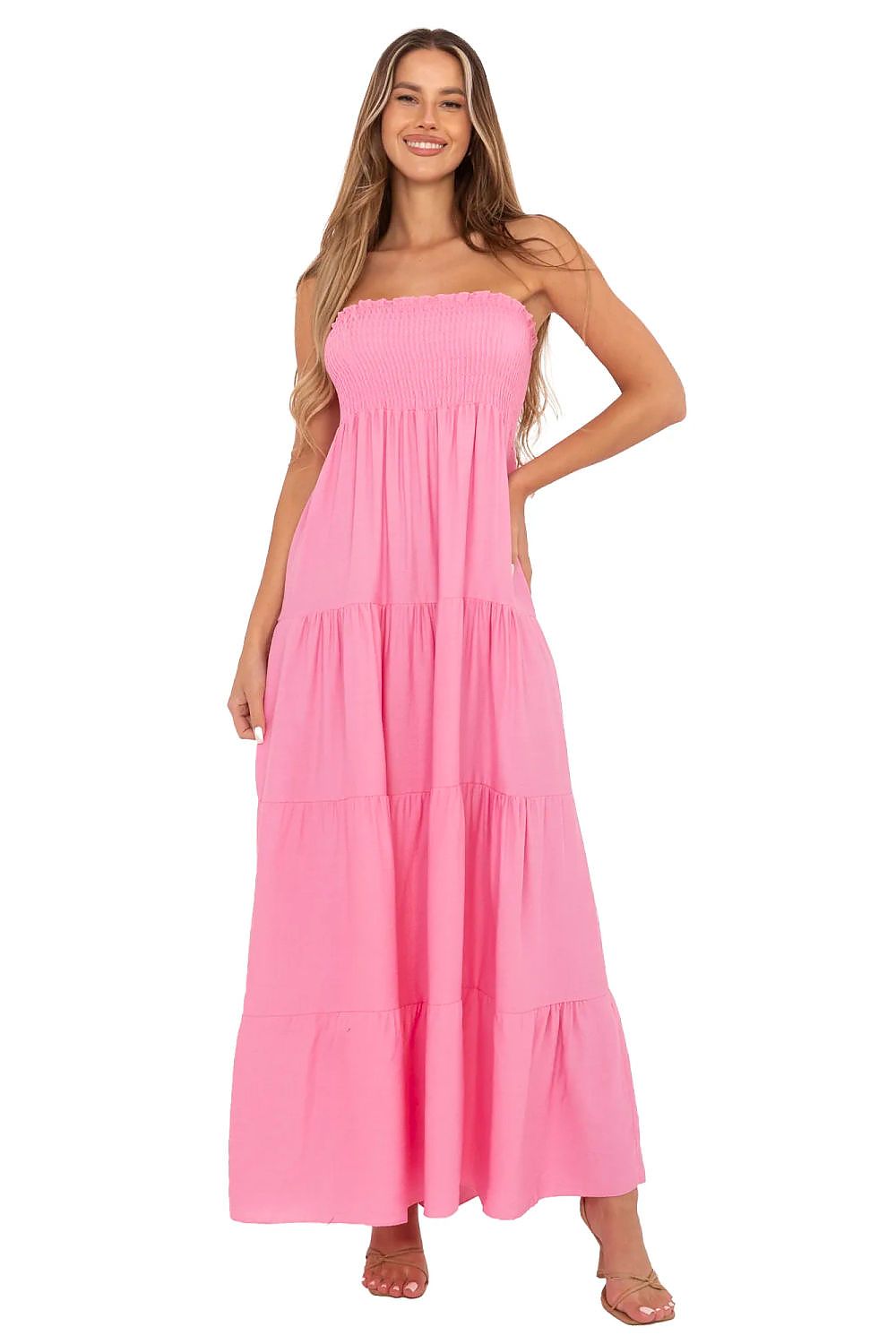 Maxikleid Damen ärmellos Viskose mit Rüsche & elastischen Raffungen