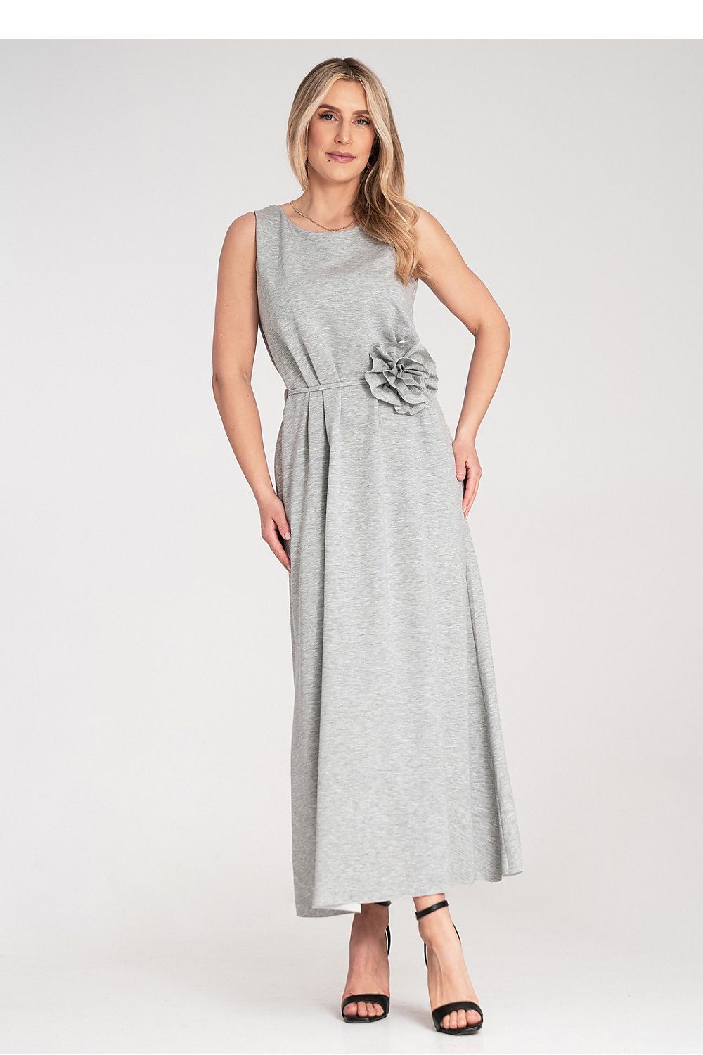 Maxikleid Damen ärmellos Gürtel Blume Strickstoff elegant