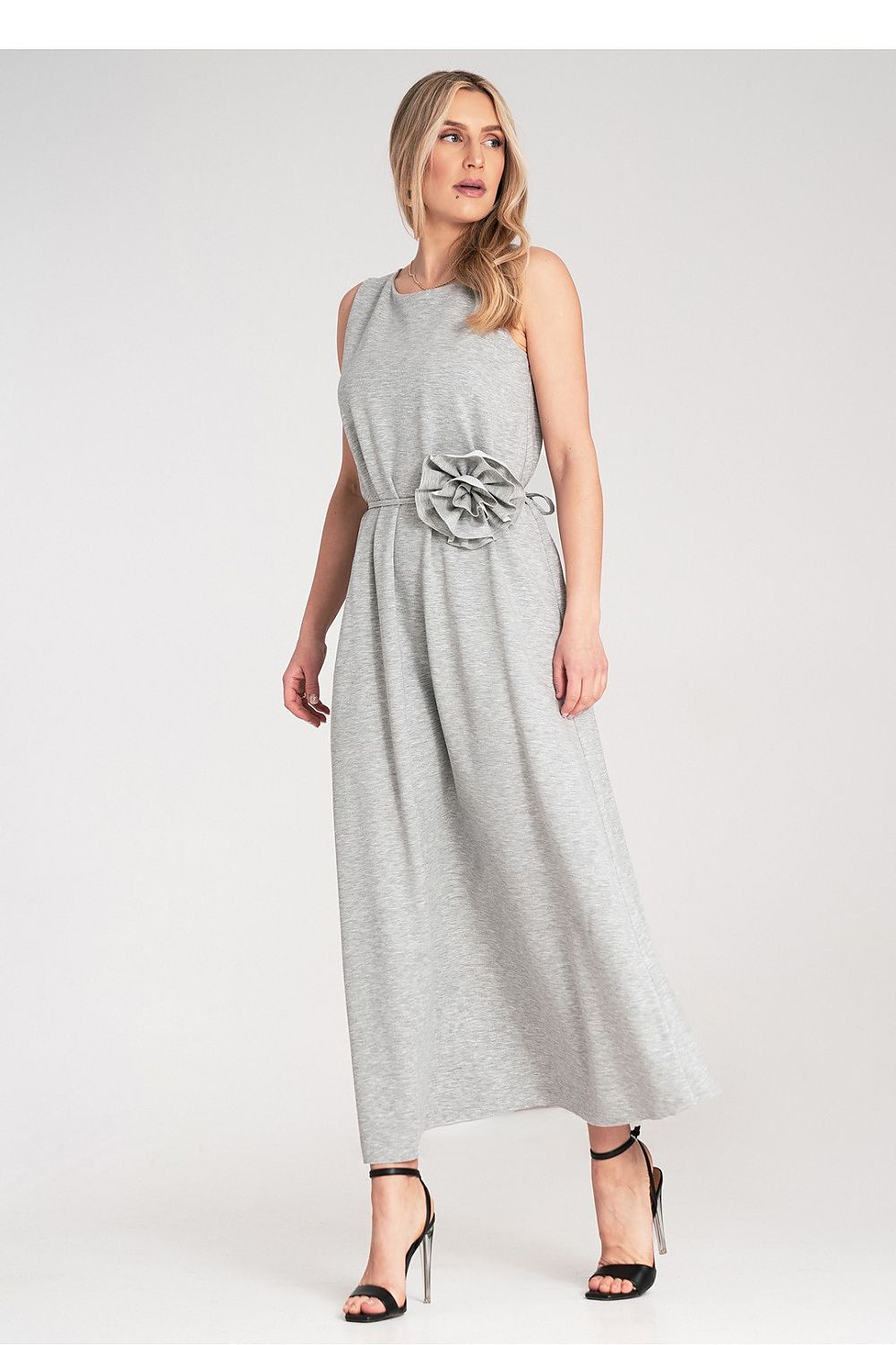 Maxikleid Damen ärmellos Gürtel Blume Strickstoff elegant