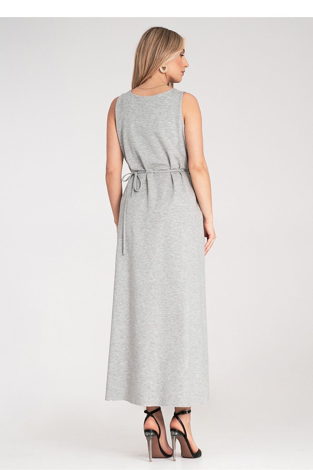 Maxikleid Damen ärmellos Gürtel Blume Strickstoff elegant