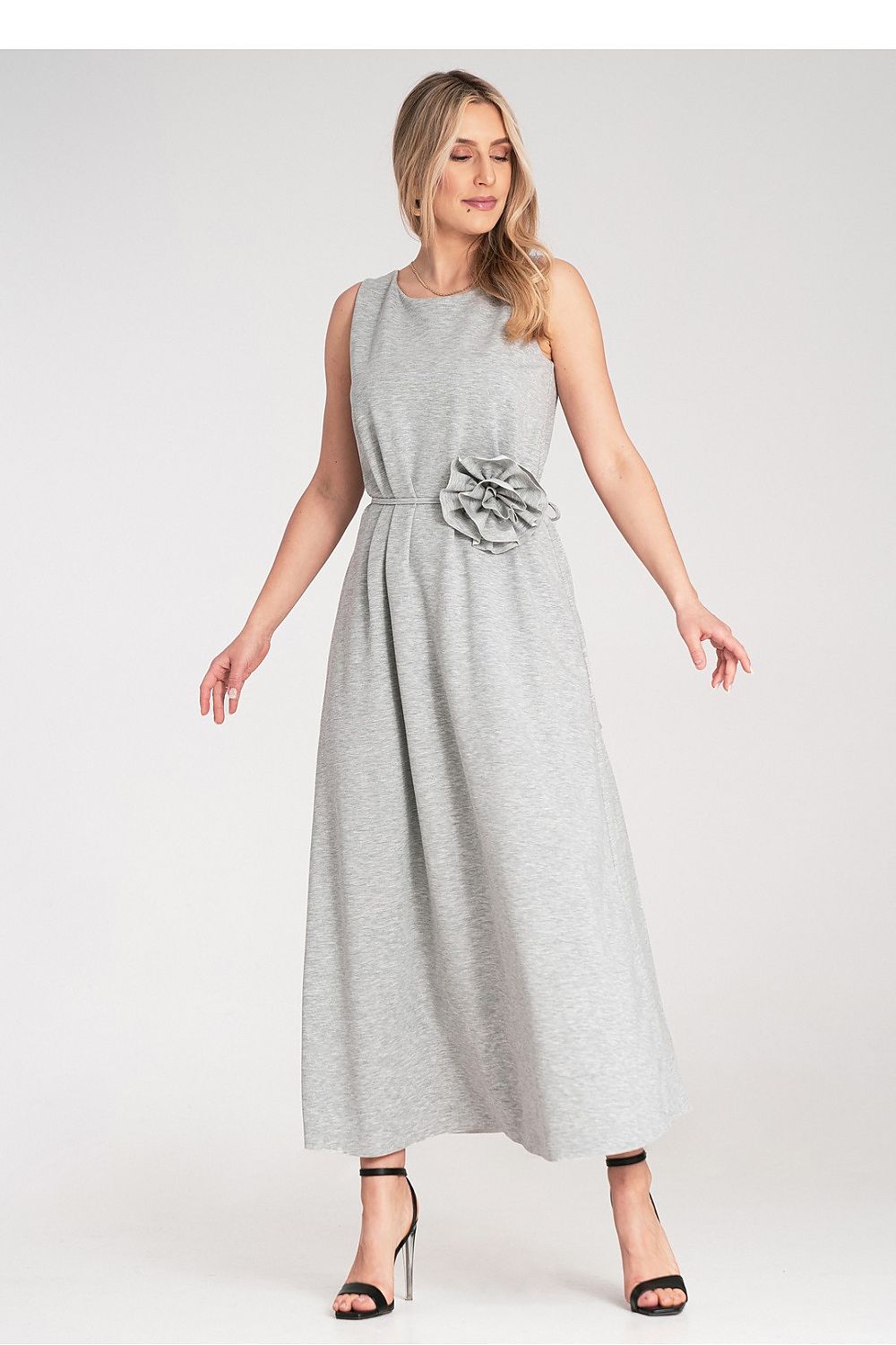 Maxikleid Damen ärmellos Gürtel Blume Strickstoff elegant