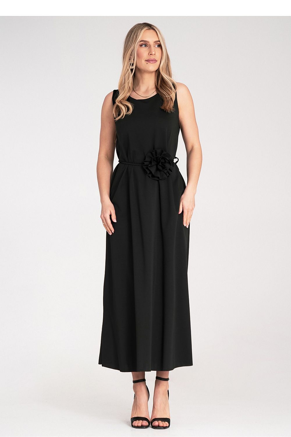 Maxikleid Damen ärmellos Gürtel Blume Strickstoff elegant
