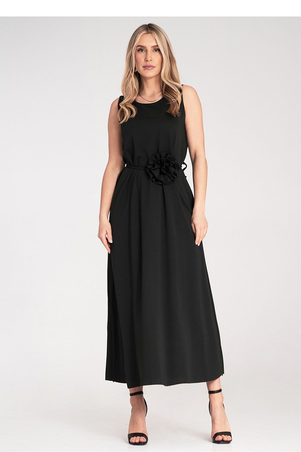 Maxikleid Damen ärmellos Gürtel Blume Strickstoff elegant