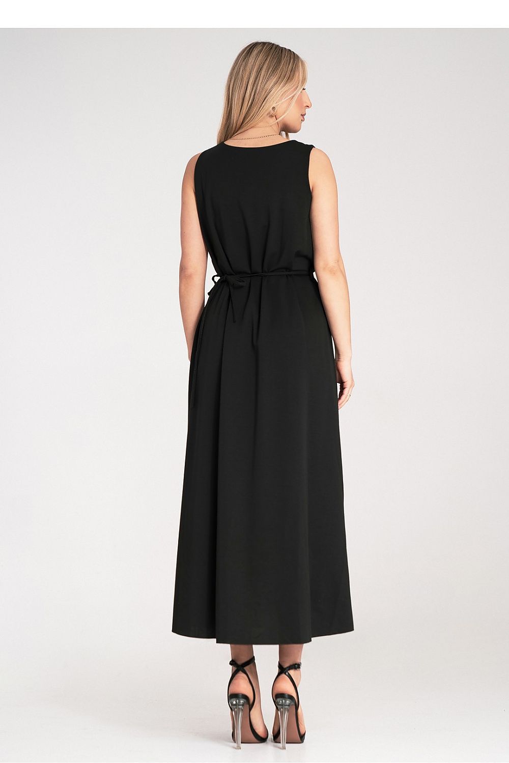 Maxikleid Damen ärmellos Gürtel Blume Strickstoff elegant
