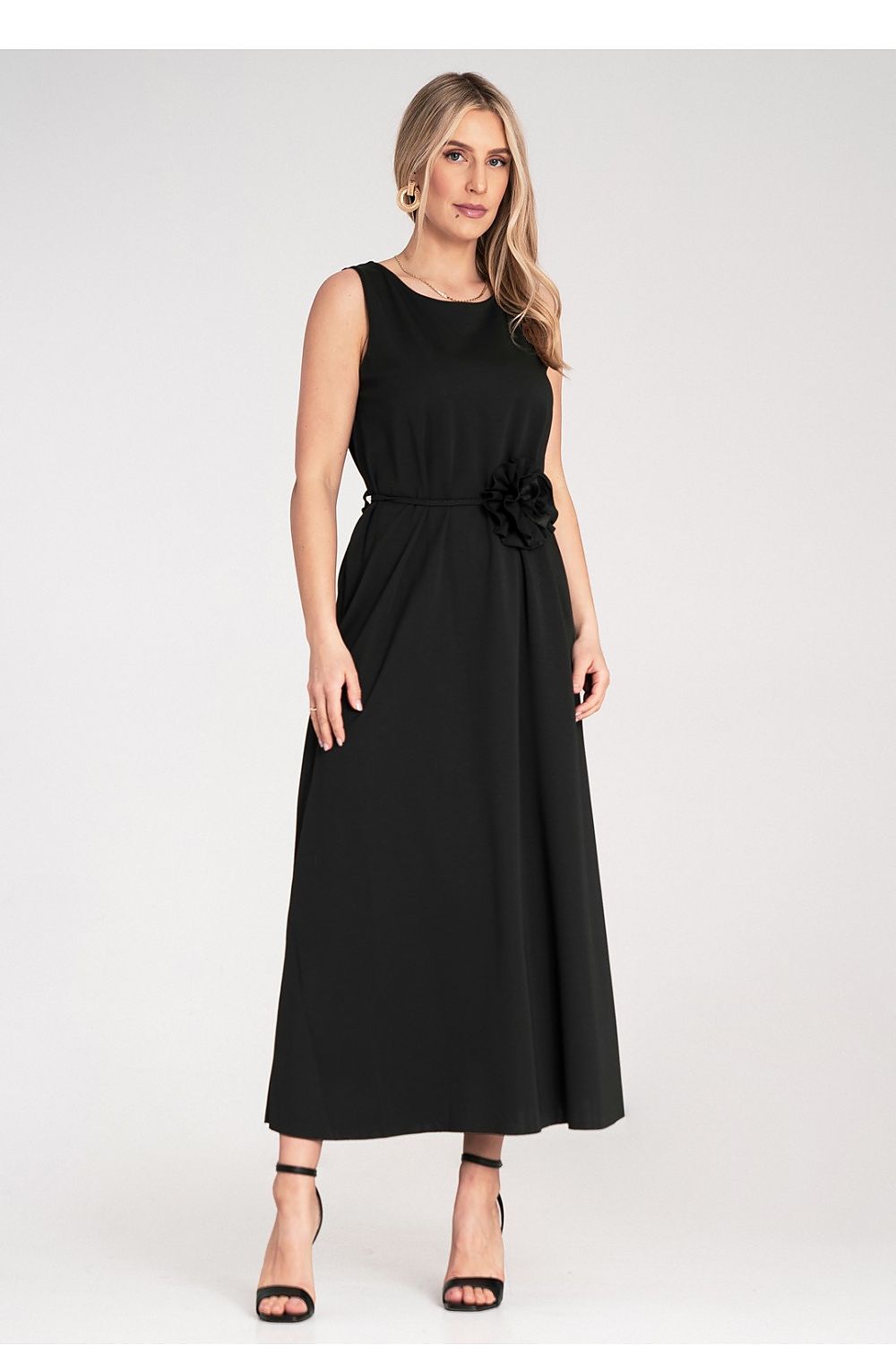 Maxikleid Damen ärmellos Gürtel Blume Strickstoff elegant