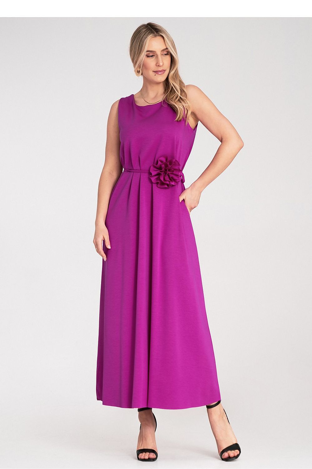 Maxikleid Damen ärmellos Gürtel Blume Strickstoff elegant
