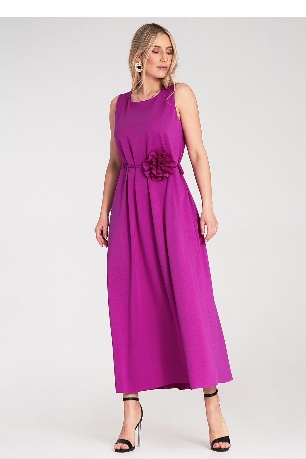 Maxikleid Damen ärmellos Gürtel Blume Strickstoff elegant