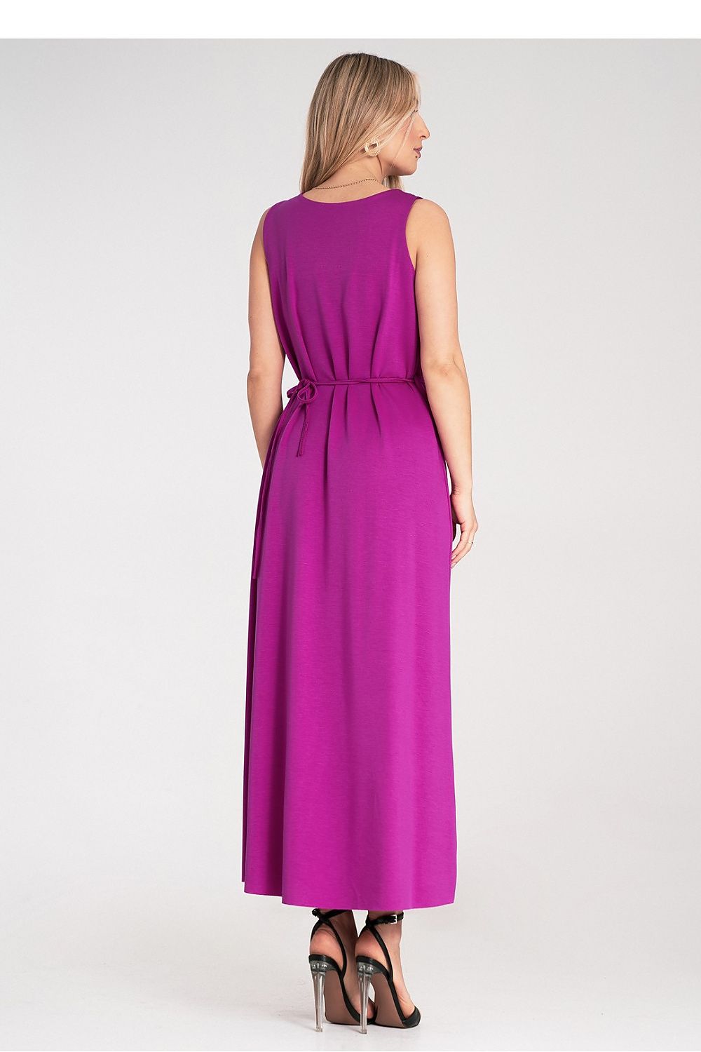 Maxikleid Damen ärmellos Gürtel Blume Strickstoff elegant