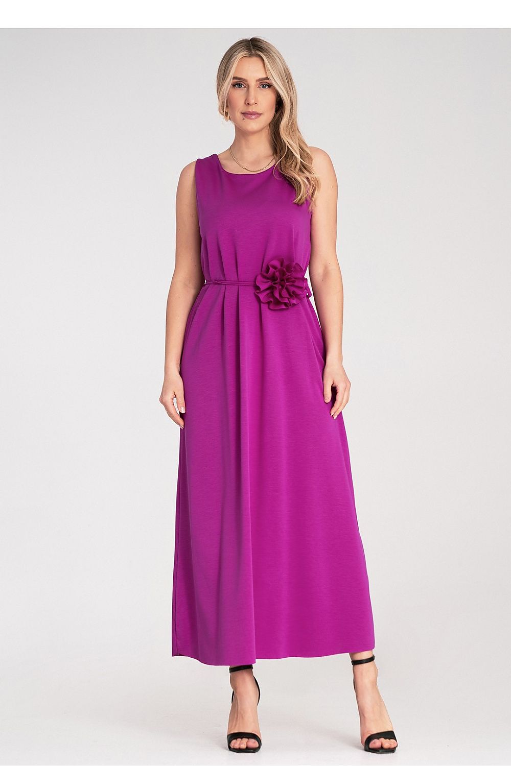 Maxikleid Damen ärmellos Gürtel Blume Strickstoff elegant