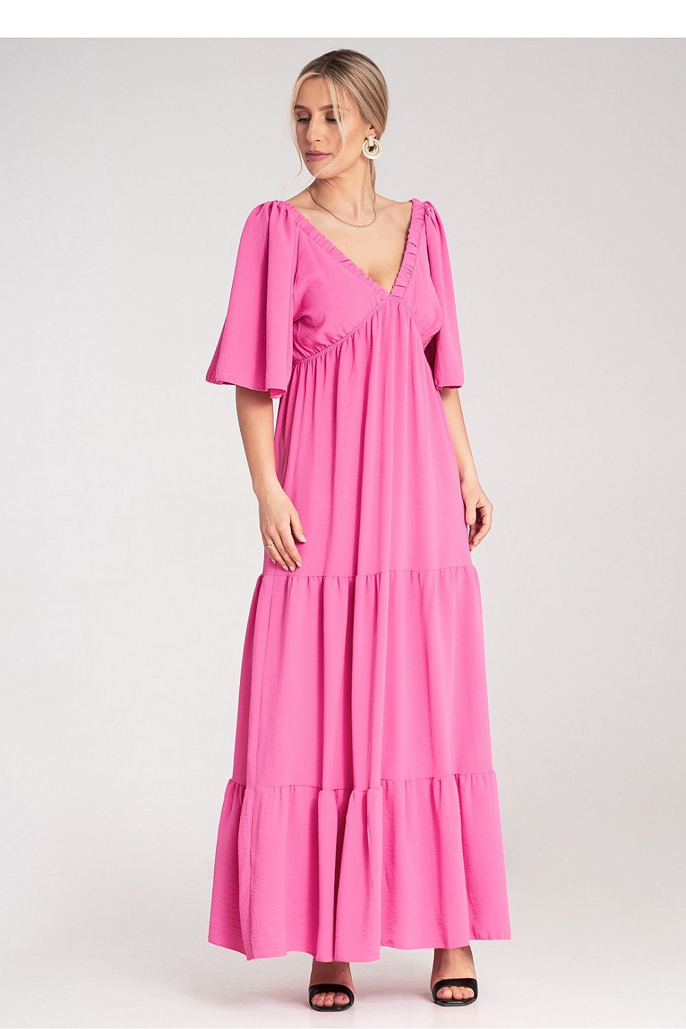 Maxikleid Damen Rüschenrock V-Ausschnitt Rückenband festlich
