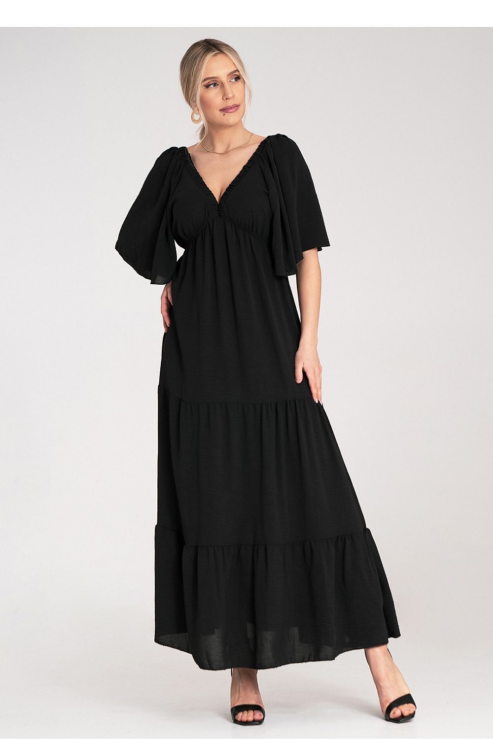 Maxikleid Damen Rüschenrock V-Ausschnitt Rückenband festlich