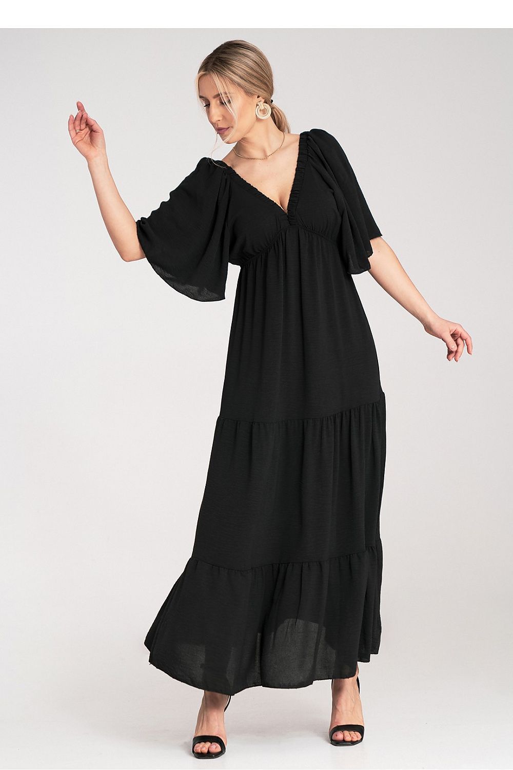 Maxikleid Damen Rüschenrock V-Ausschnitt Rückenband festlich
