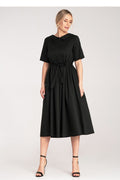 Midi Kleid Damen A-Linie Baumwolle Gürtel Knopfleiste