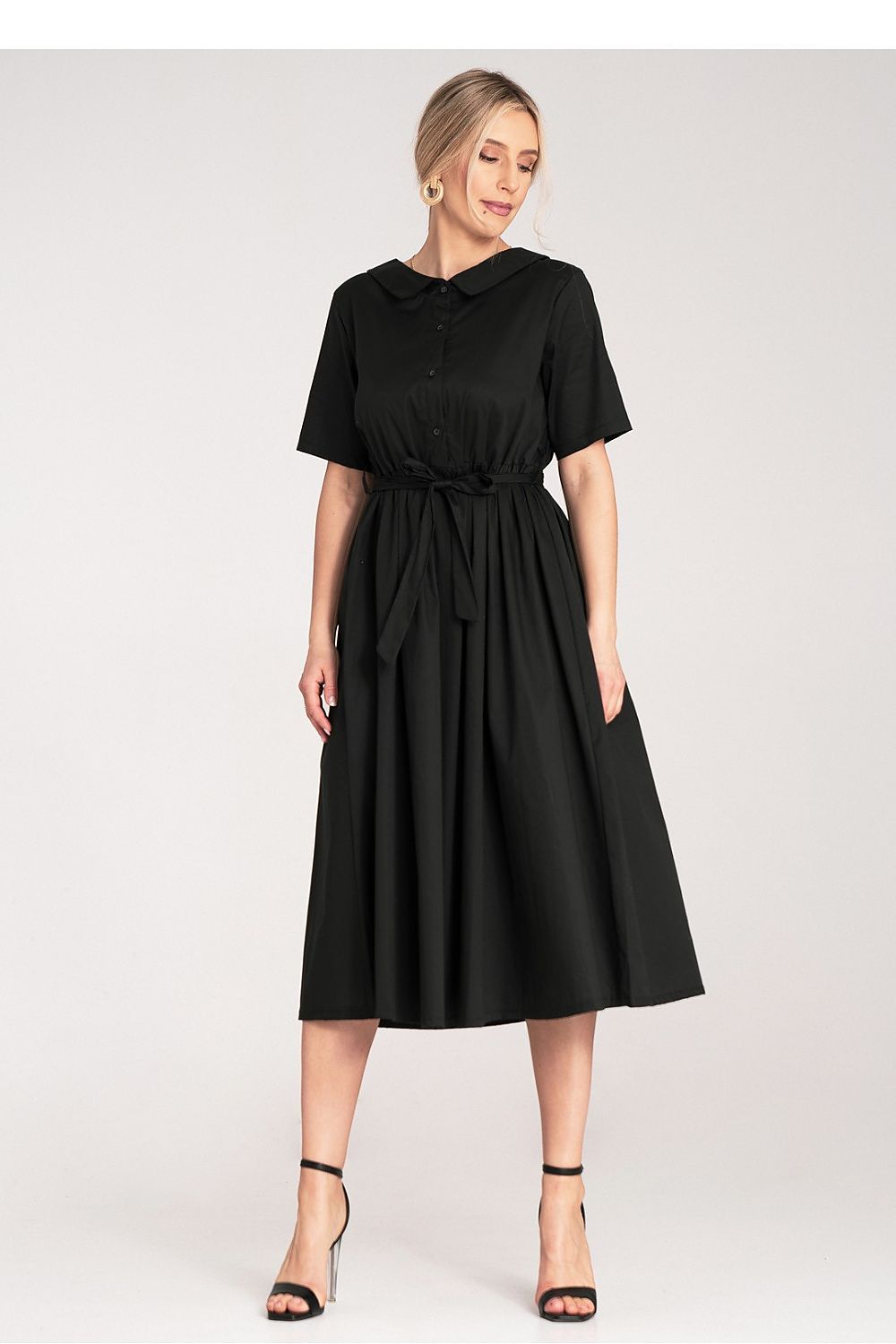Midi Kleid Damen A-Linie Baumwolle Gürtel Knopfleiste