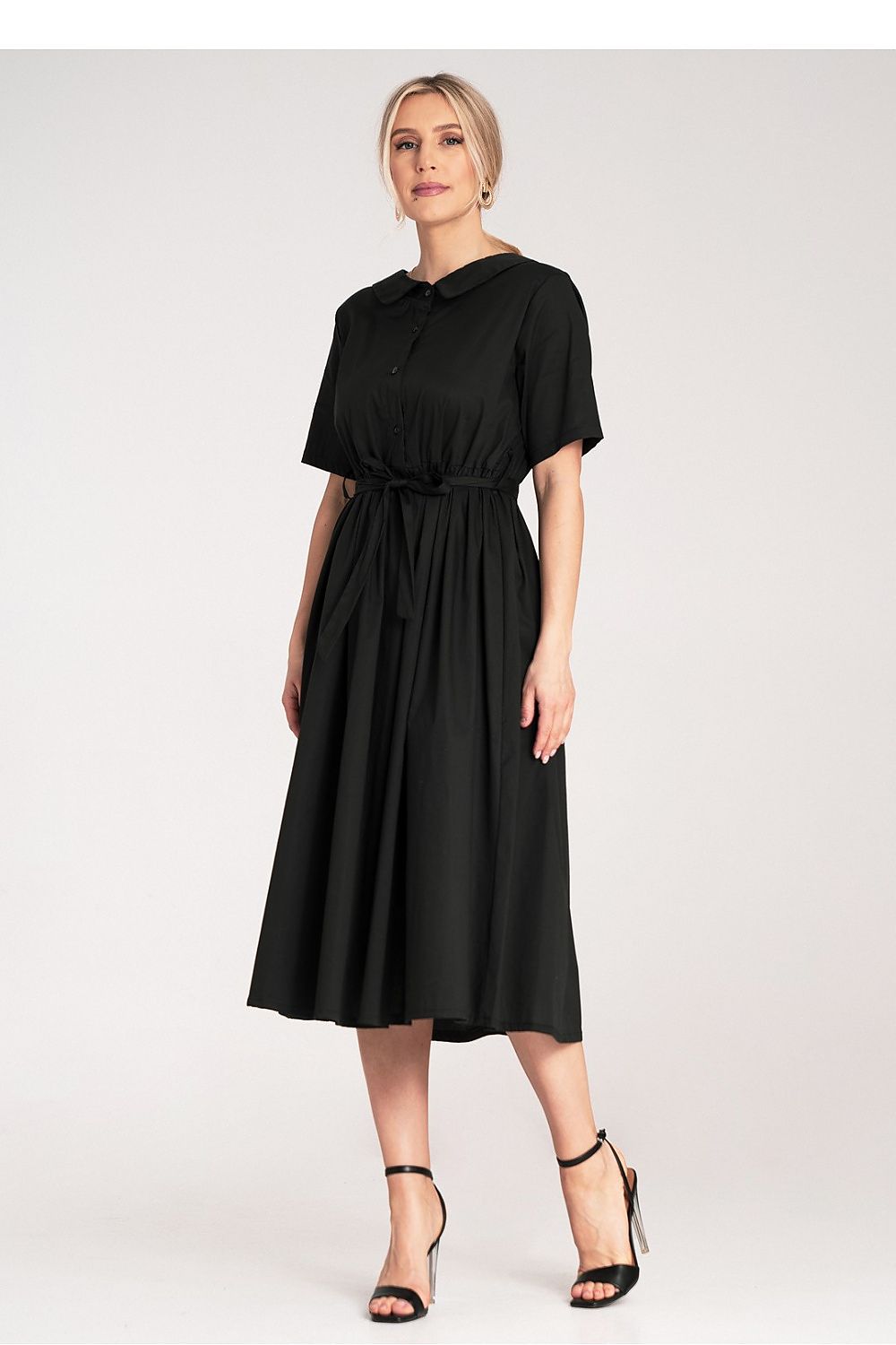 Midi Kleid Damen A-Linie Baumwolle Gürtel Knopfleiste