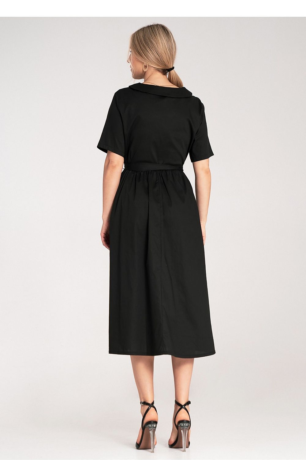 Midi Kleid Damen A-Linie Baumwolle Gürtel Knopfleiste