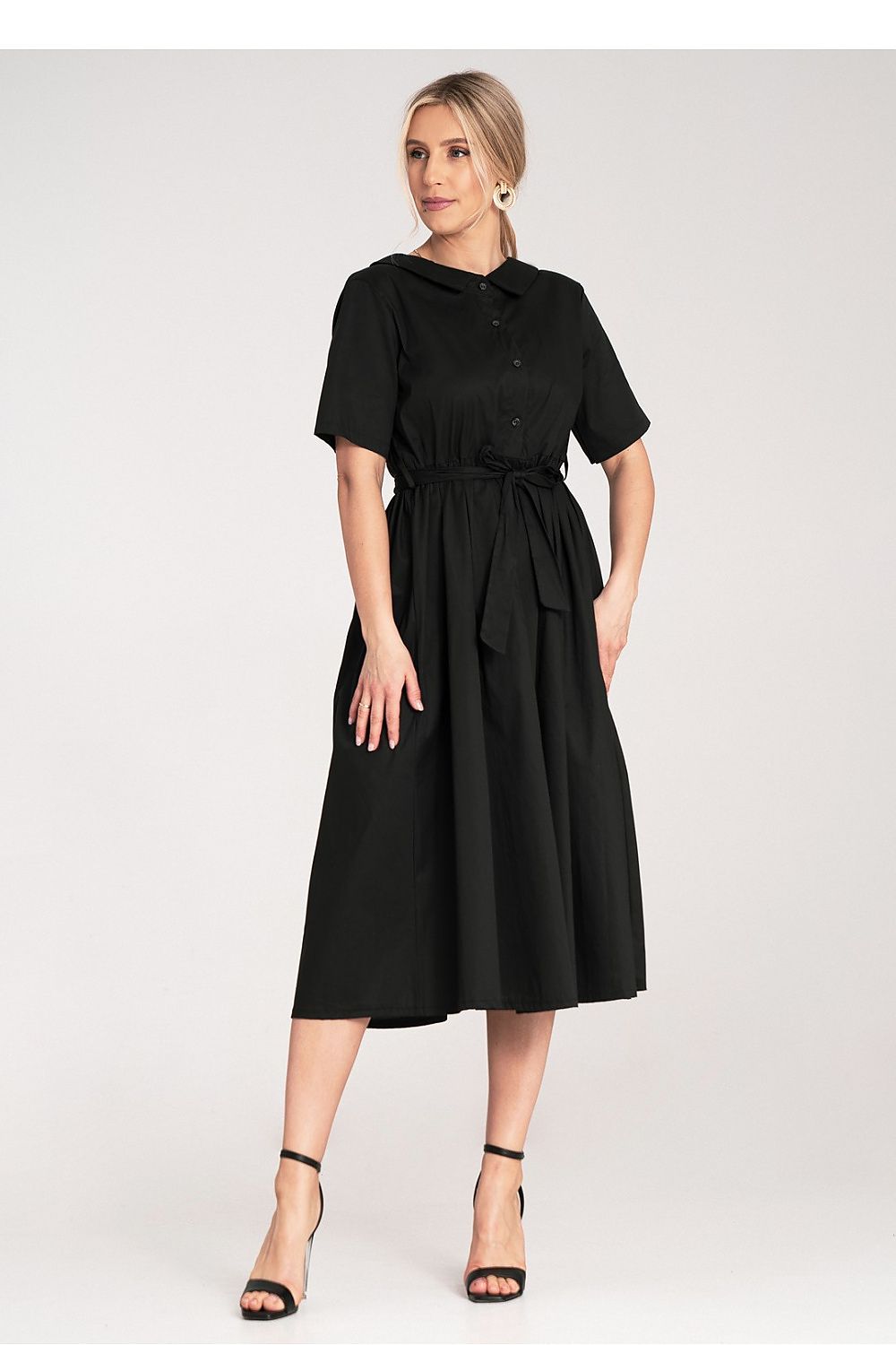 Midi Kleid Damen A-Linie Baumwolle Gürtel Knopfleiste