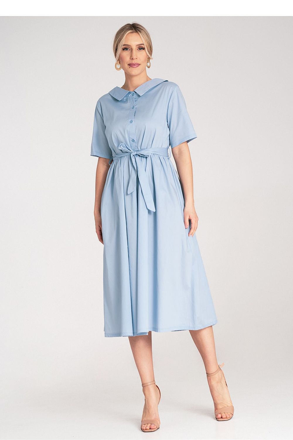 Midi Kleid Damen A-Linie Baumwolle Gürtel Knopfleiste