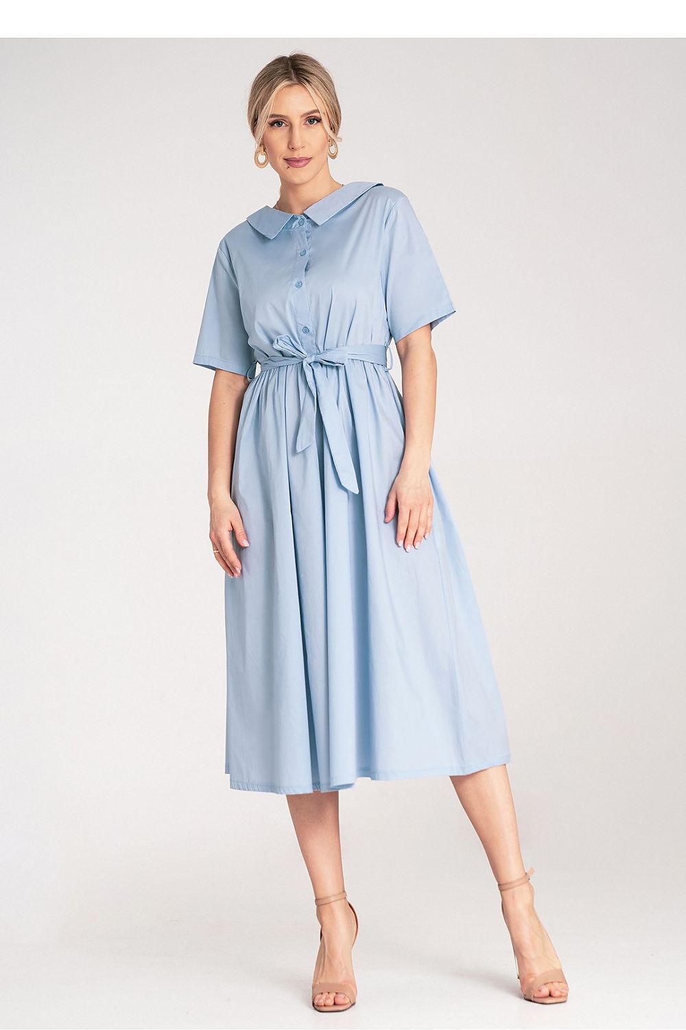 Midi Kleid Damen A-Linie Baumwolle Gürtel Knopfleiste