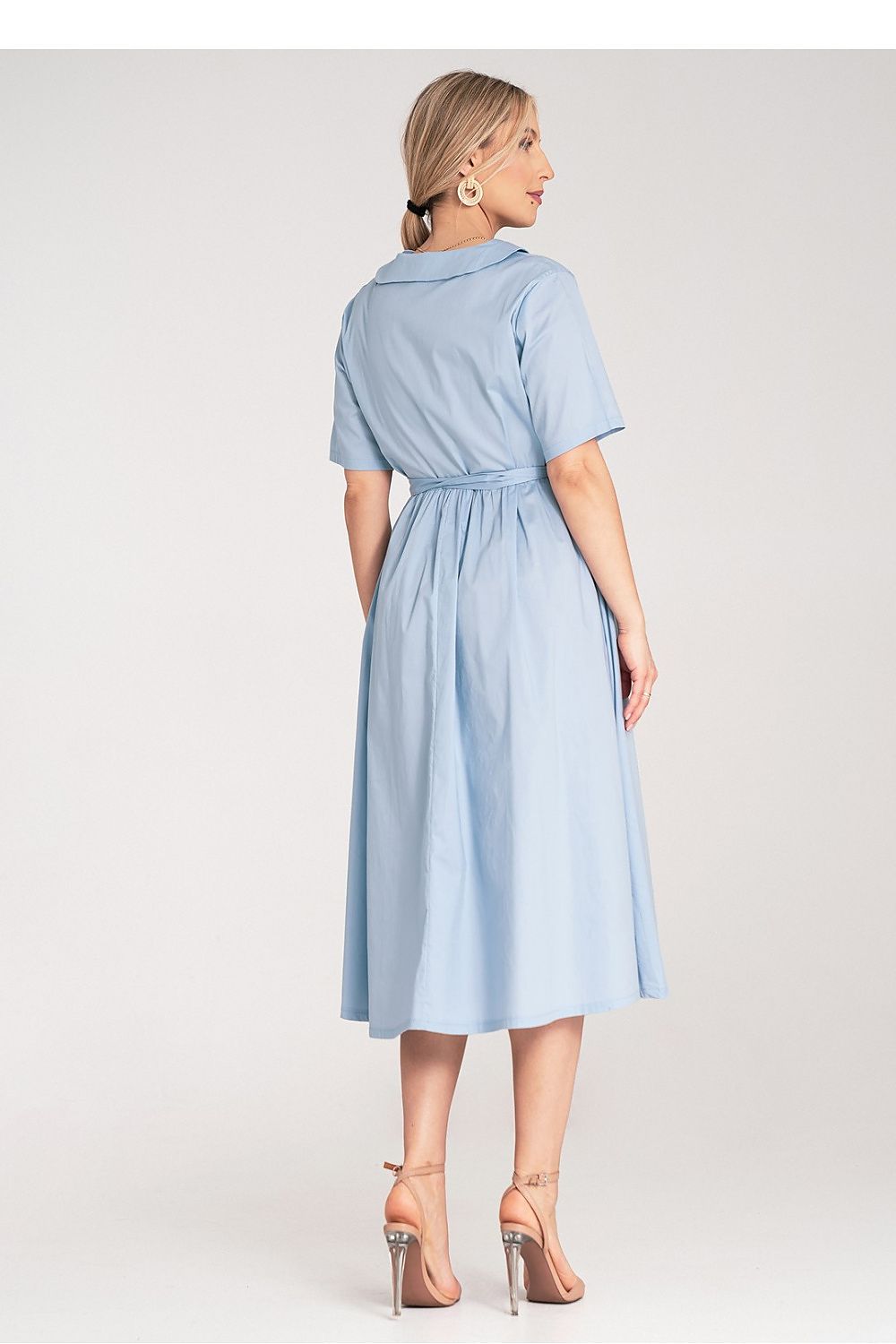 Midi Kleid Damen A-Linie Baumwolle Gürtel Knopfleiste
