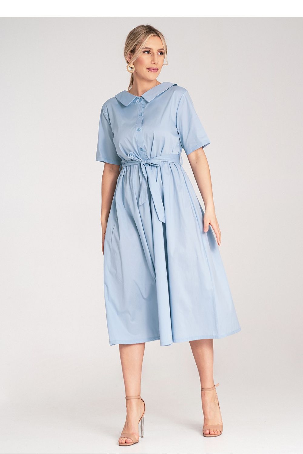 Midi Kleid Damen A-Linie Baumwolle Gürtel Knopfleiste