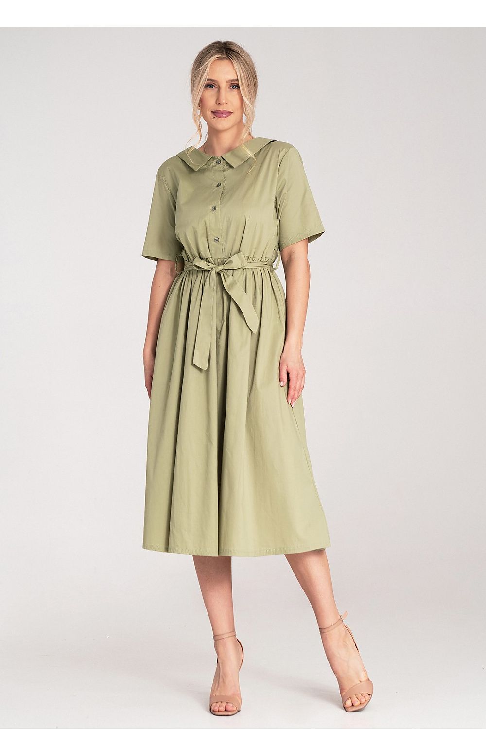Midi Kleid Damen A-Linie Baumwolle Gürtel Knopfleiste
