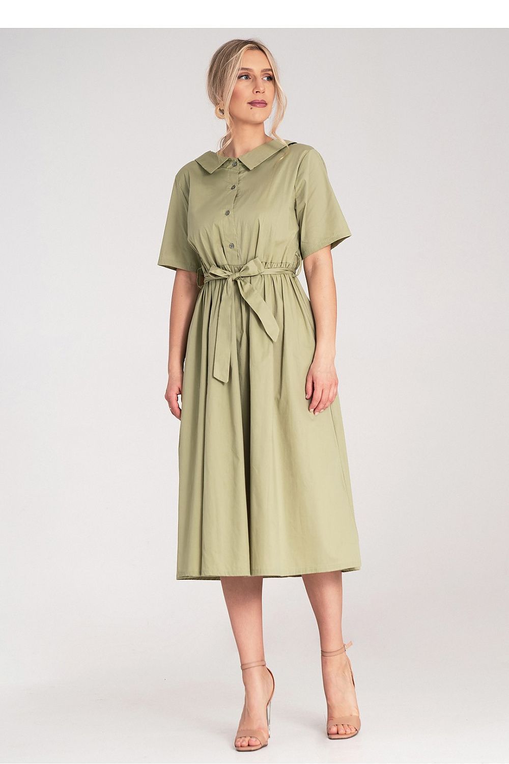 Midi Kleid Damen A-Linie Baumwolle Gürtel Knopfleiste