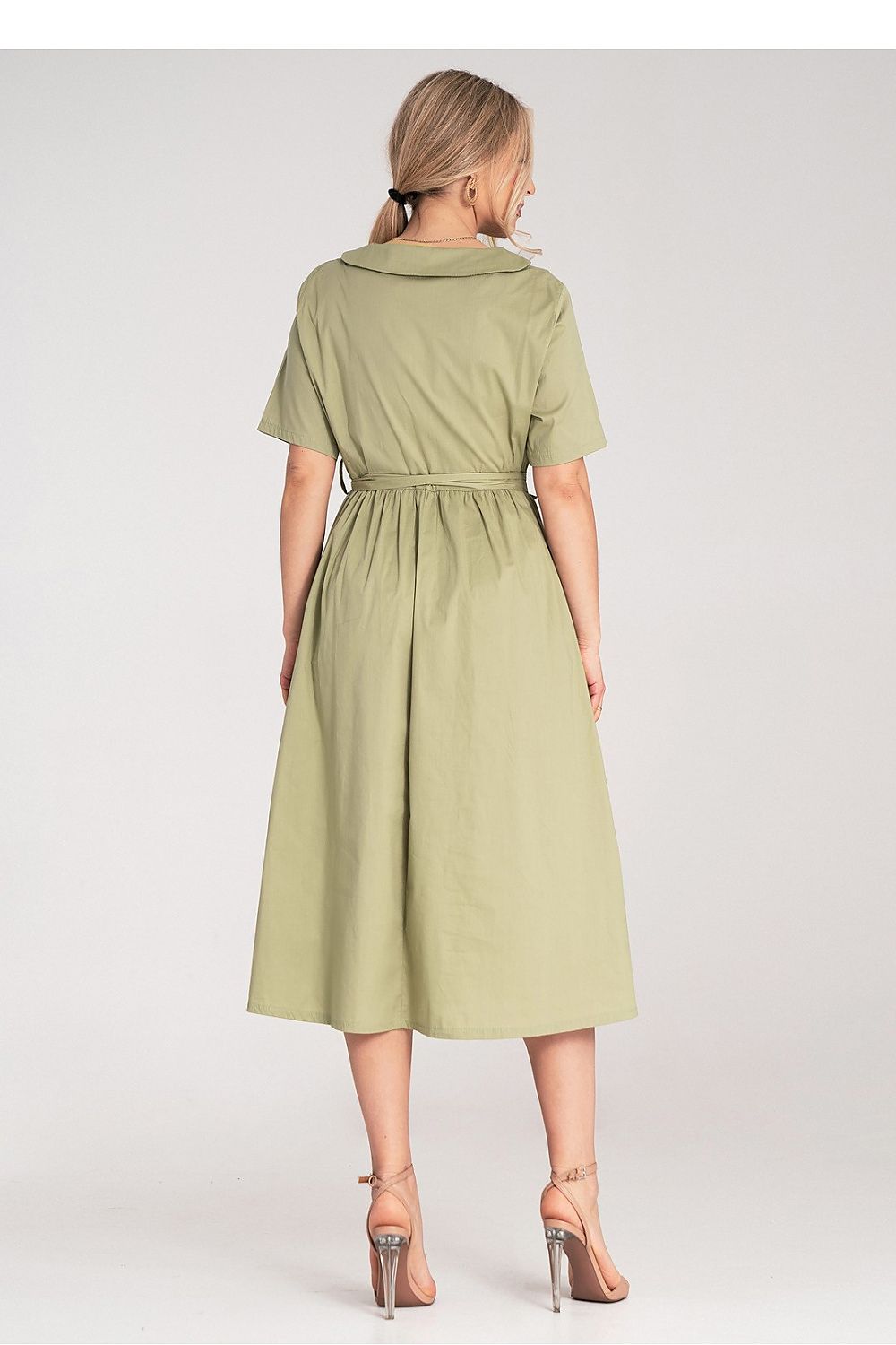 Midi Kleid Damen A-Linie Baumwolle Gürtel Knopfleiste