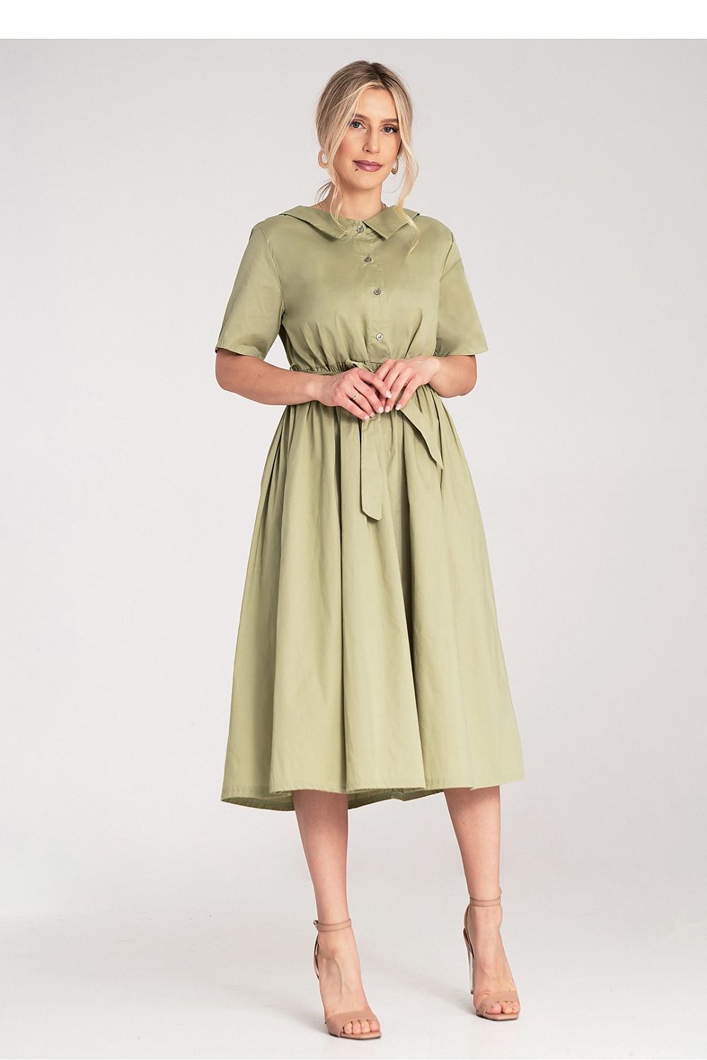 Midi Kleid Damen A-Linie Baumwolle Gürtel Knopfleiste