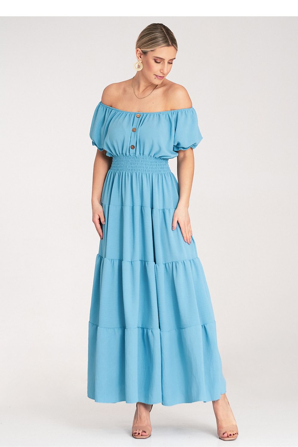 Maxikleid Damen Spanischer Ausschnitt Puffärmel mehrschichtig