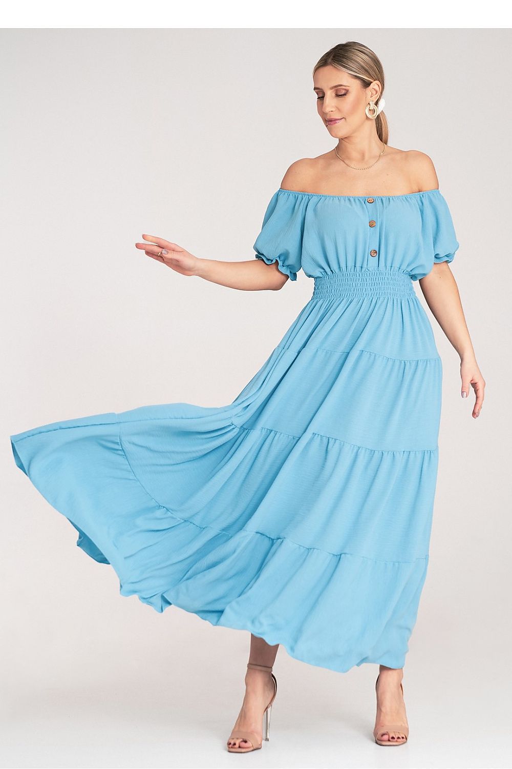 Maxikleid Damen Spanischer Ausschnitt Puffärmel mehrschichtig