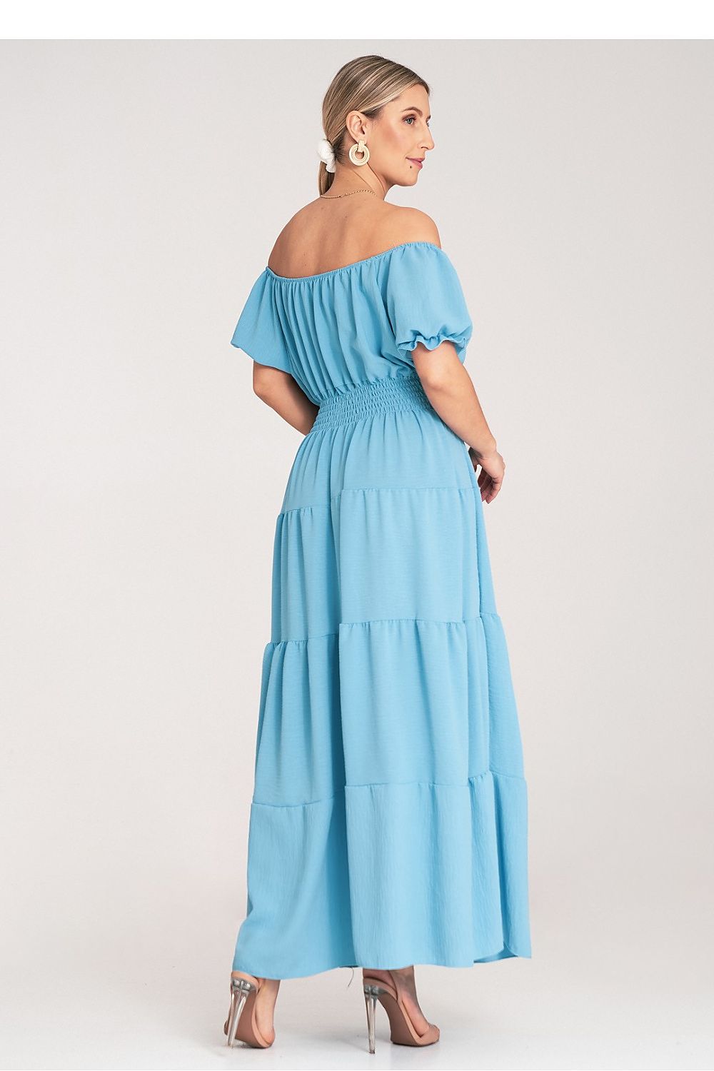 Maxikleid Damen Spanischer Ausschnitt Puffärmel mehrschichtig
