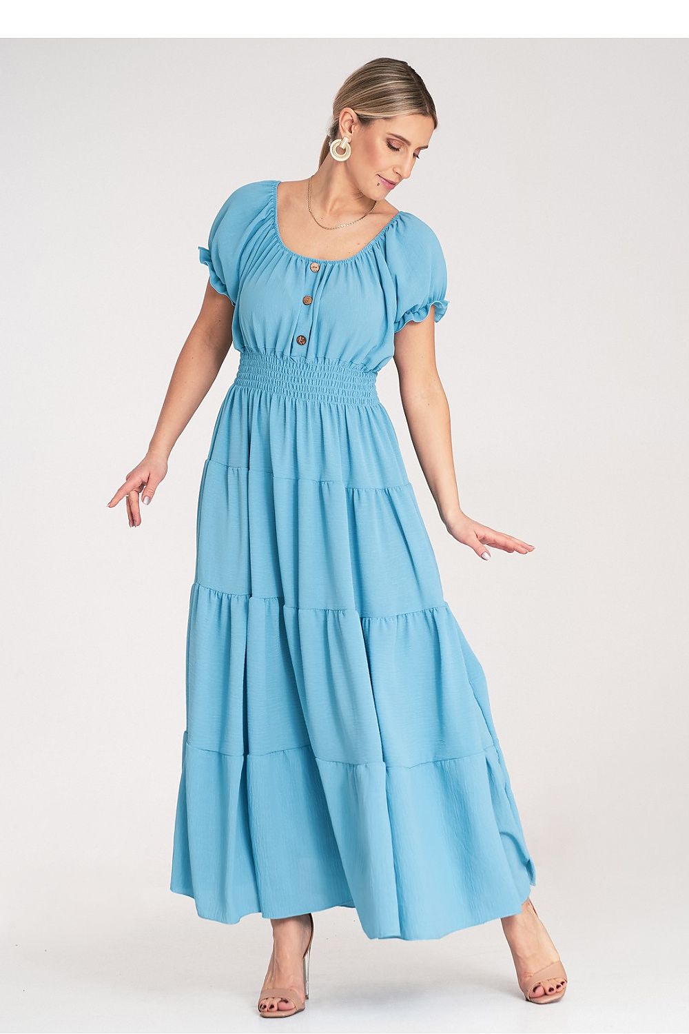 Maxikleid Damen Spanischer Ausschnitt Puffärmel mehrschichtig