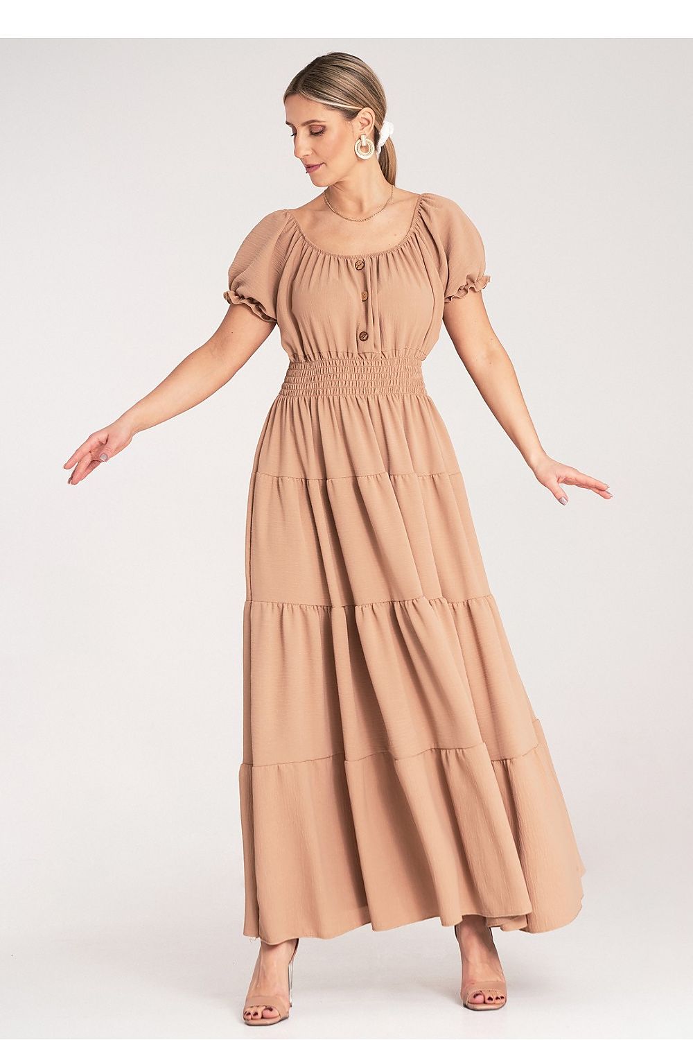 Maxikleid Damen Spanischer Ausschnitt Puffärmel mehrschichtig