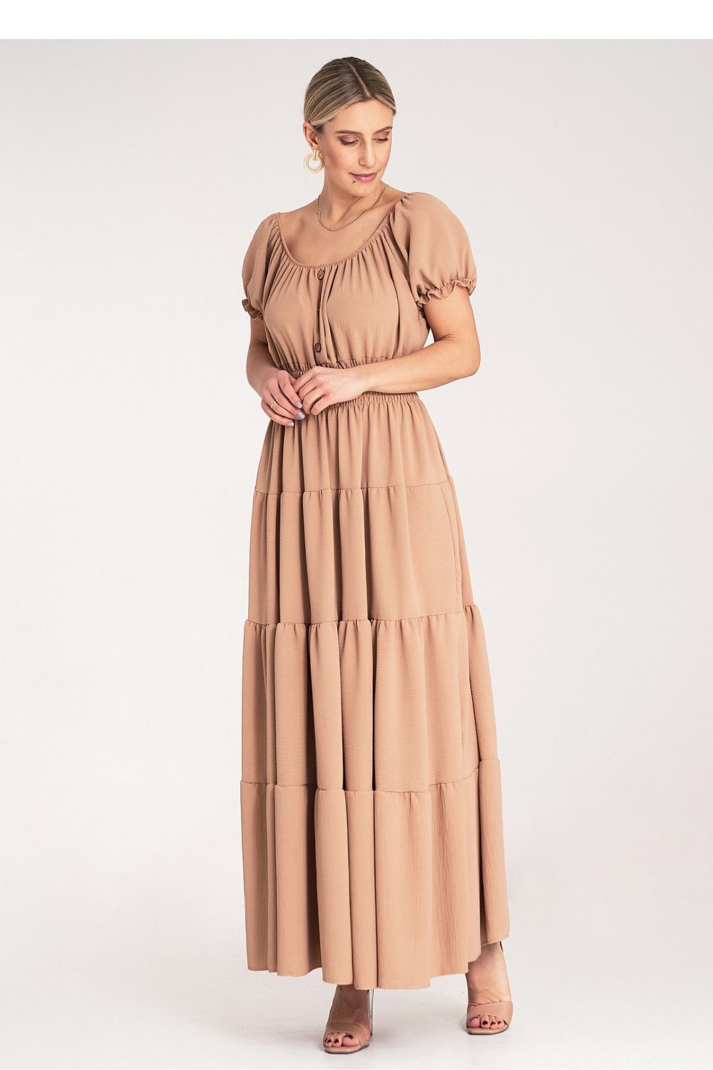 Maxikleid Damen Spanischer Ausschnitt Puffärmel mehrschichtig