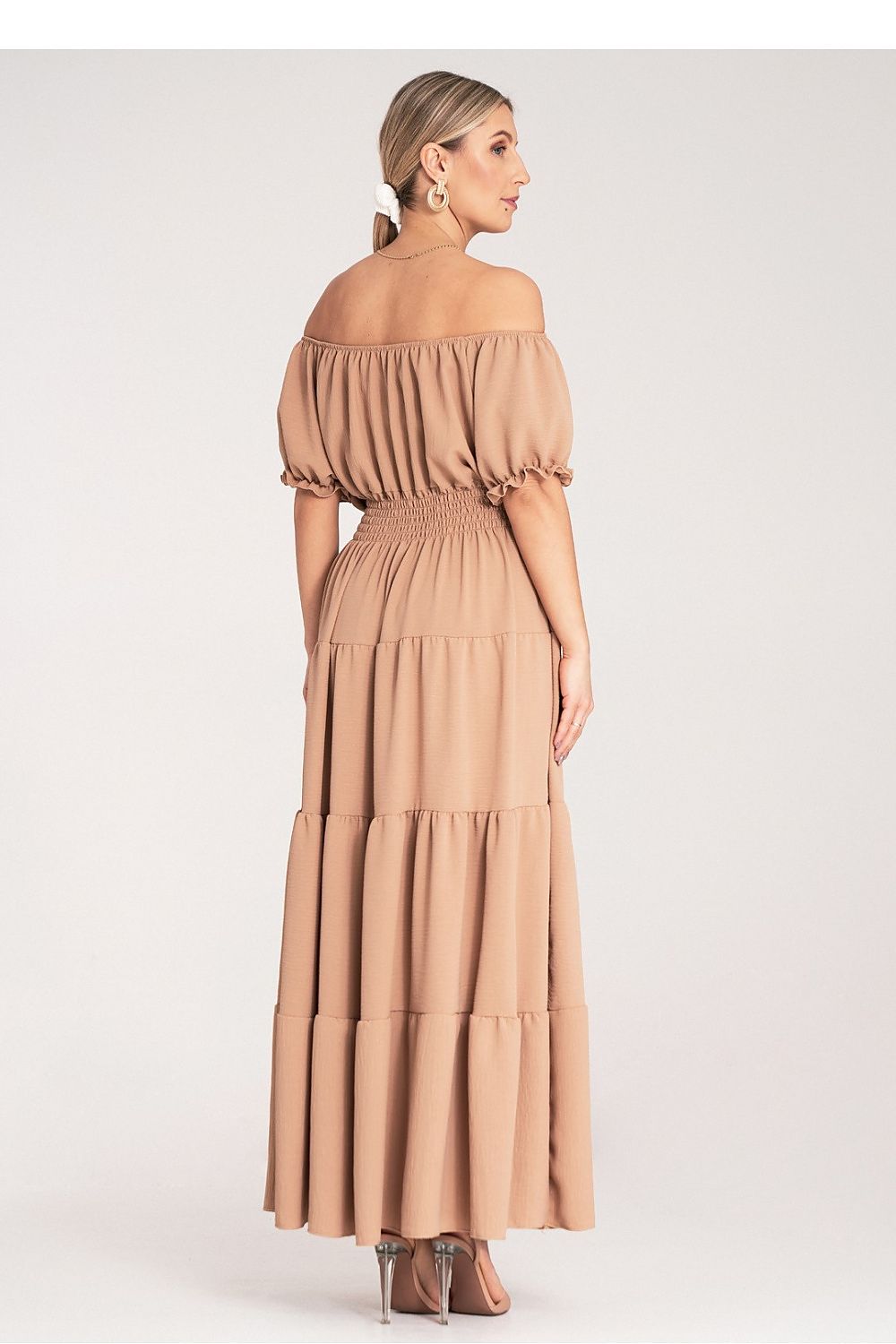 Maxikleid Damen Spanischer Ausschnitt Puffärmel mehrschichtig