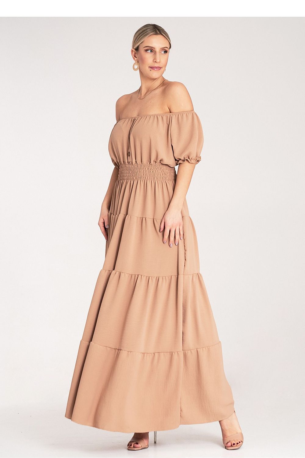 Maxikleid Damen Spanischer Ausschnitt Puffärmel mehrschichtig
