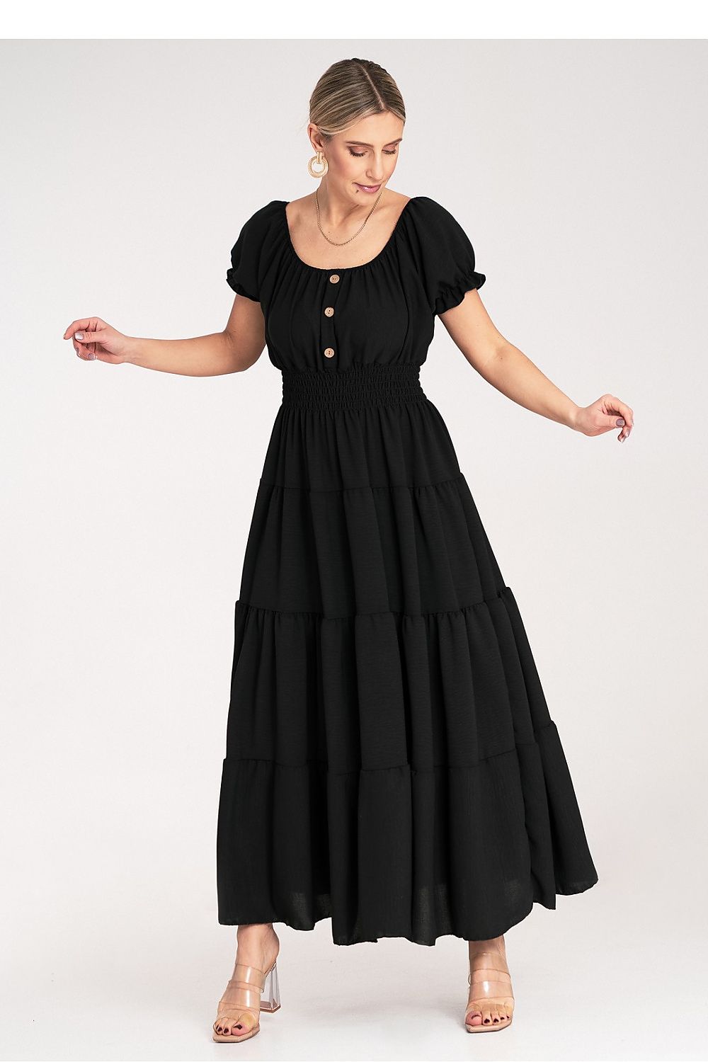 Maxikleid Damen Spanischer Ausschnitt Puffärmel mehrschichtig