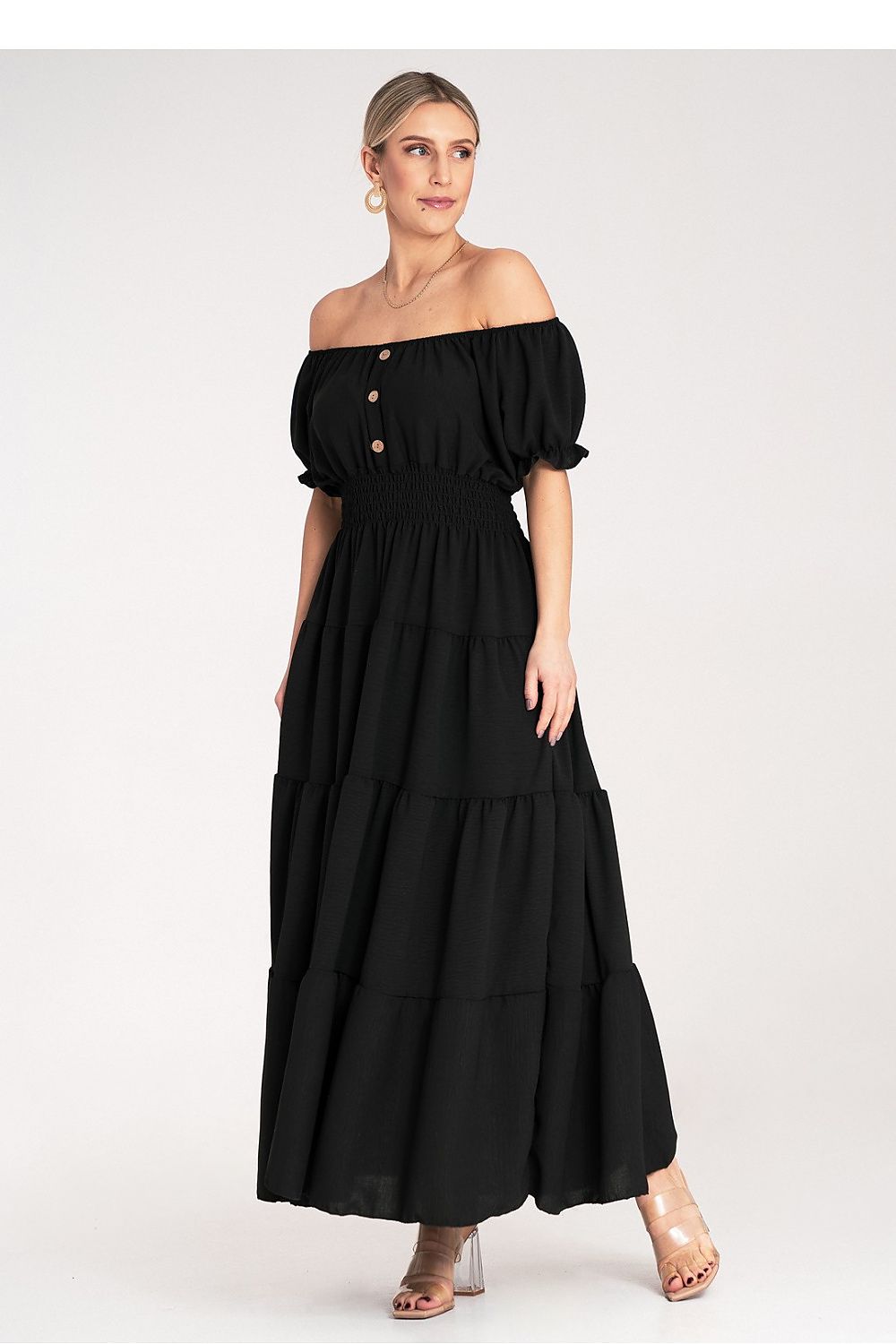 Maxikleid Damen Spanischer Ausschnitt Puffärmel mehrschichtig