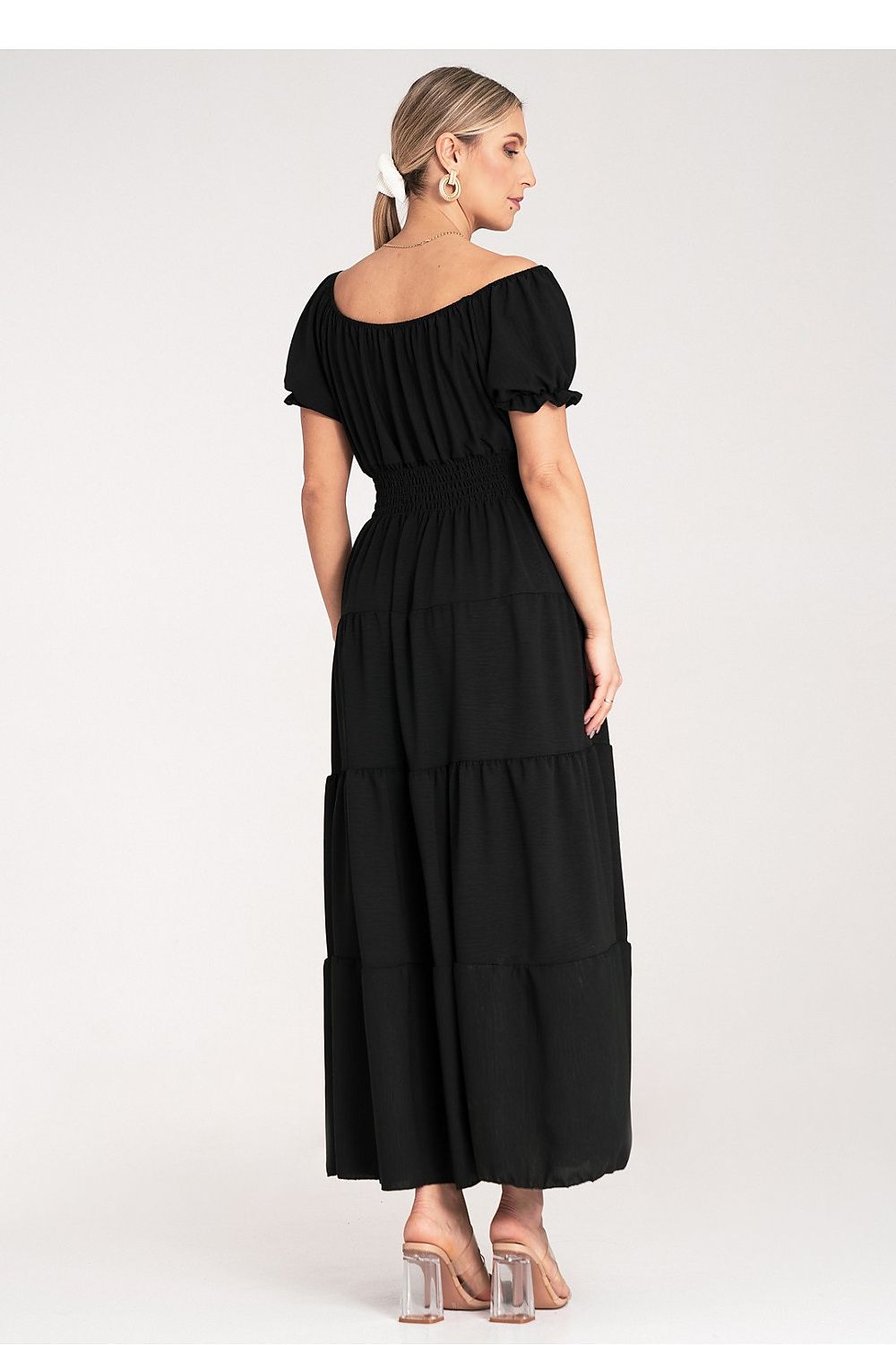 Maxikleid Damen Spanischer Ausschnitt Puffärmel mehrschichtig