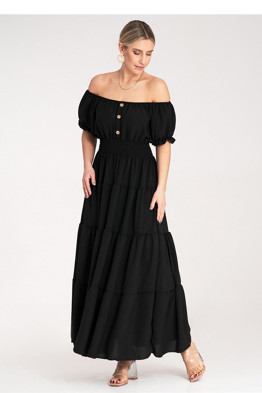 Maxikleid Damen Spanischer Ausschnitt Puffärmel mehrschichtig