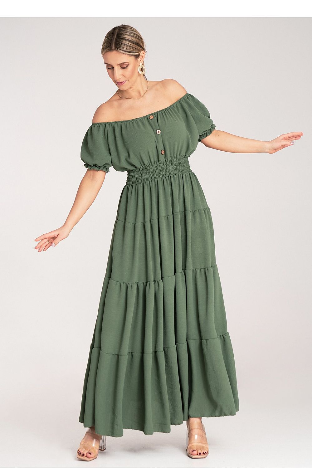 Maxikleid Damen Spanischer Ausschnitt Puffärmel mehrschichtig