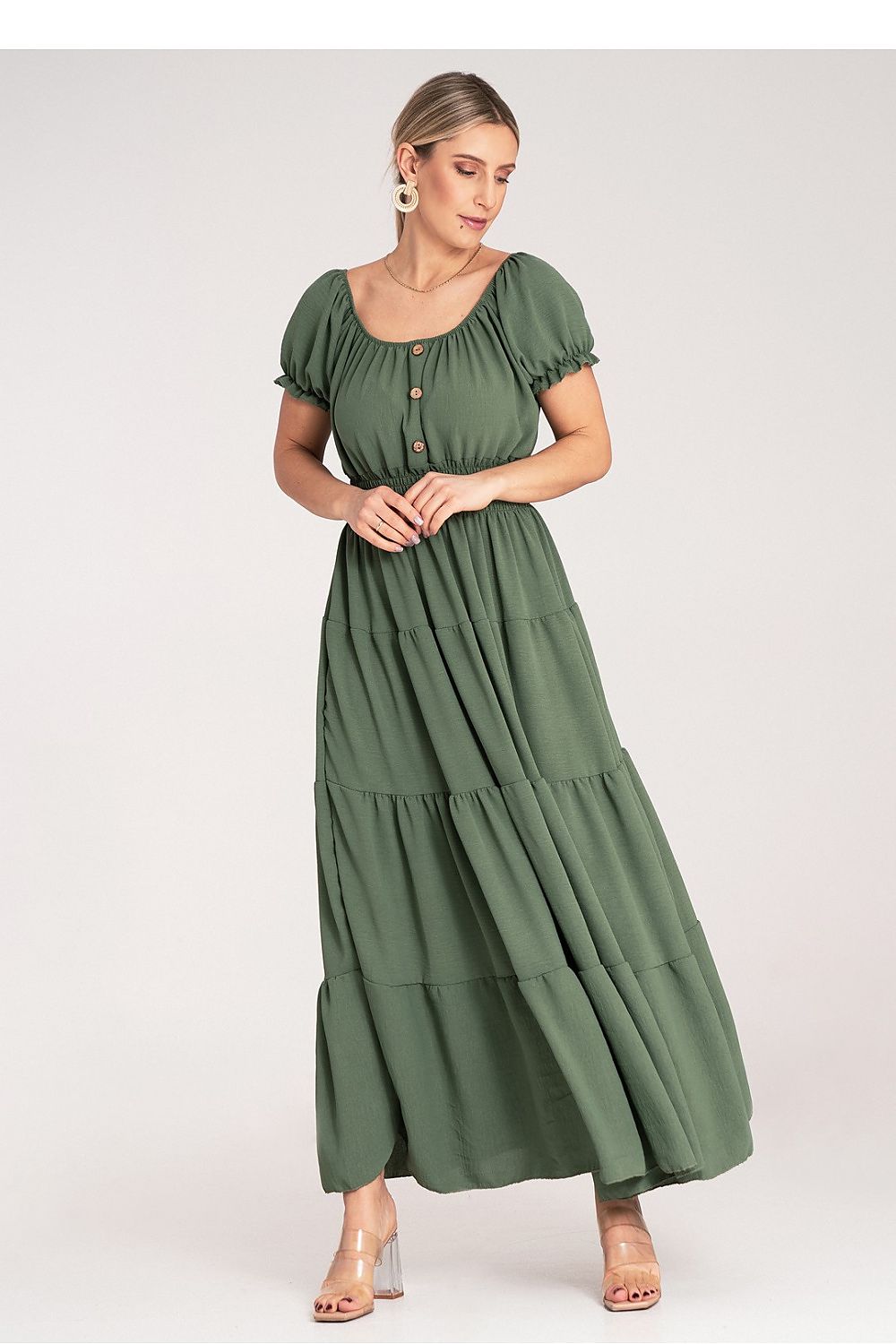 Maxikleid Damen Spanischer Ausschnitt Puffärmel mehrschichtig