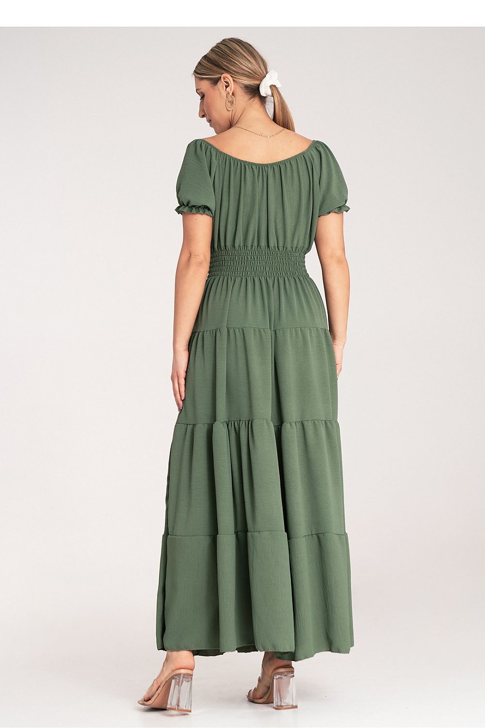 Maxikleid Damen Spanischer Ausschnitt Puffärmel mehrschichtig