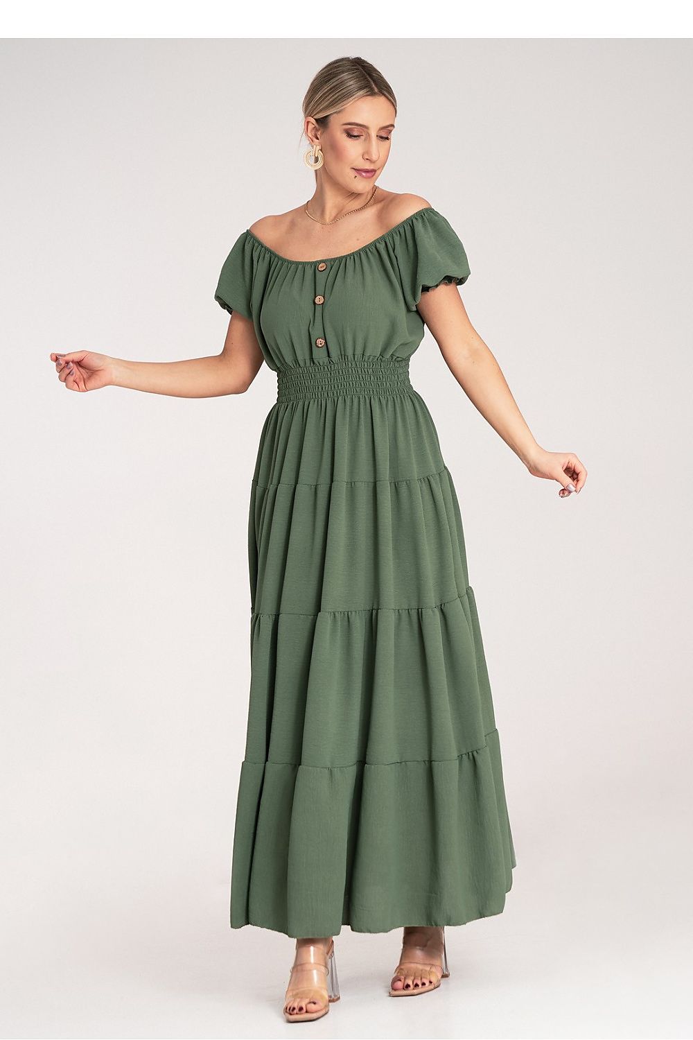Maxikleid Damen Spanischer Ausschnitt Puffärmel mehrschichtig