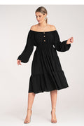 Midi Kleid Damen Spanischer Ausschnitt Holzknöpfe Gürtel